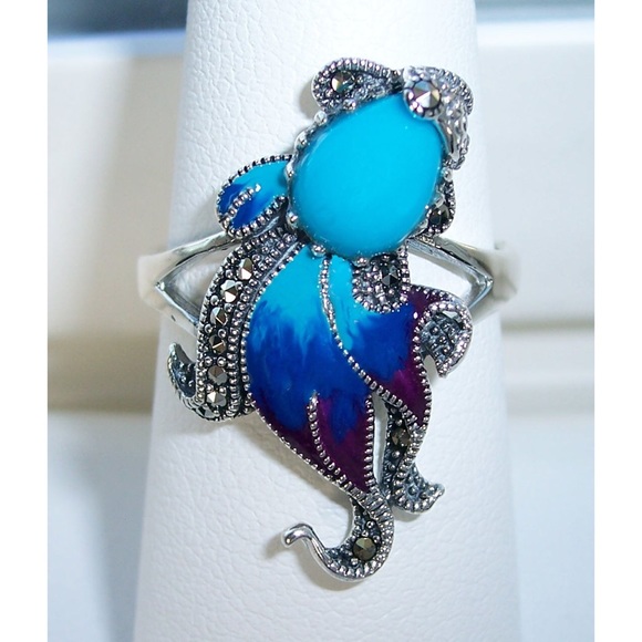 925 STERLING SILVER Simulated Turquoise Fish Ghost Marcasite Ring - Picture 12 of 16